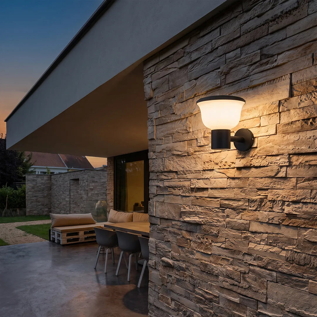 Chalice Modern Outdoor Wall Light | Black Aluminum LED Wall Sconce with Cup Diffuser, Solar or Hardwired
