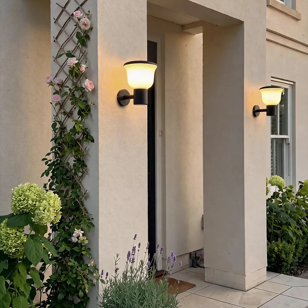 Chalice Modern Outdoor Wall Light | Black Aluminum LED Wall Sconce with Cup Diffuser, Solar or Hardwired
