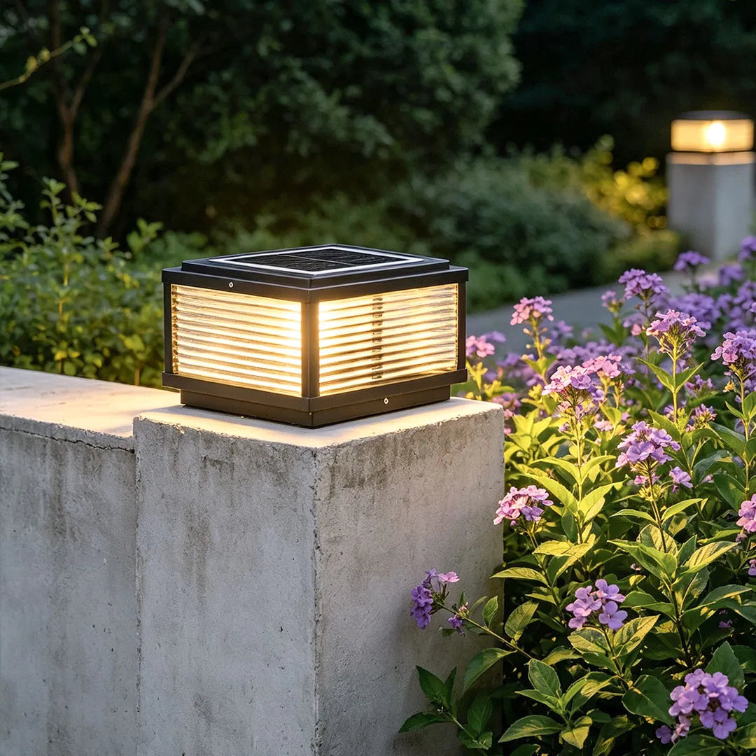 Pharos Modern Solar Pillar Light | Ribbed Glass Outdoor LED Post Light, Solar or Hardwired