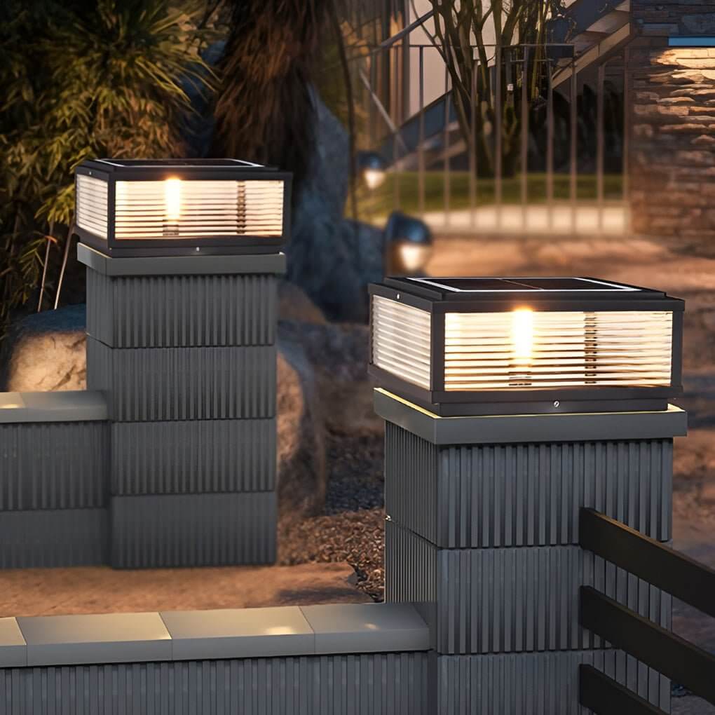 Pharos Modern Solar Pillar Light | Ribbed Glass Outdoor LED Post Light, Solar or Hardwired