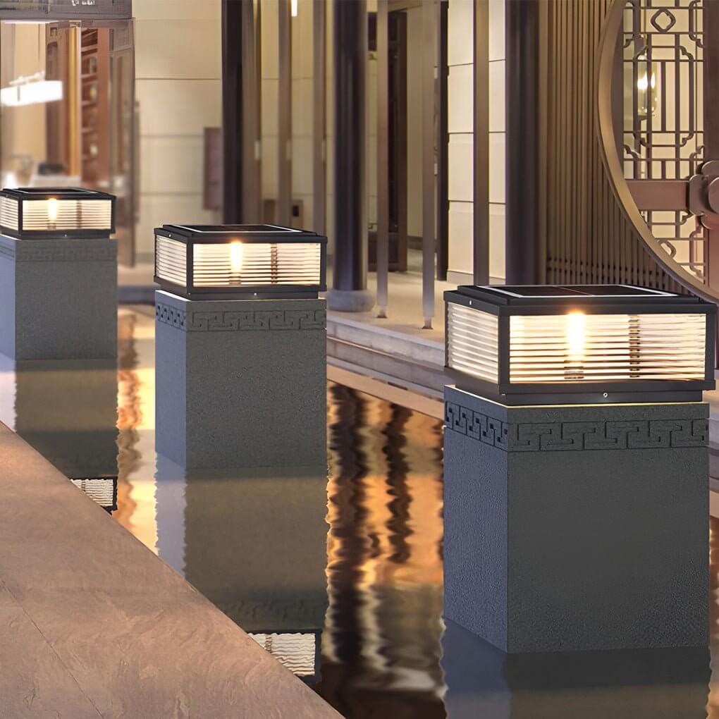 Pharos Modern Solar Pillar Light | Ribbed Glass Outdoor LED Post Light, Solar or Hardwired