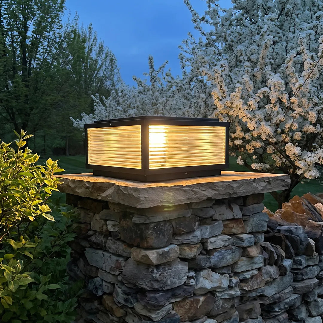 Pharos Modern Solar Pillar Light | Ribbed Glass Outdoor LED Post Light, Solar or Hardwired