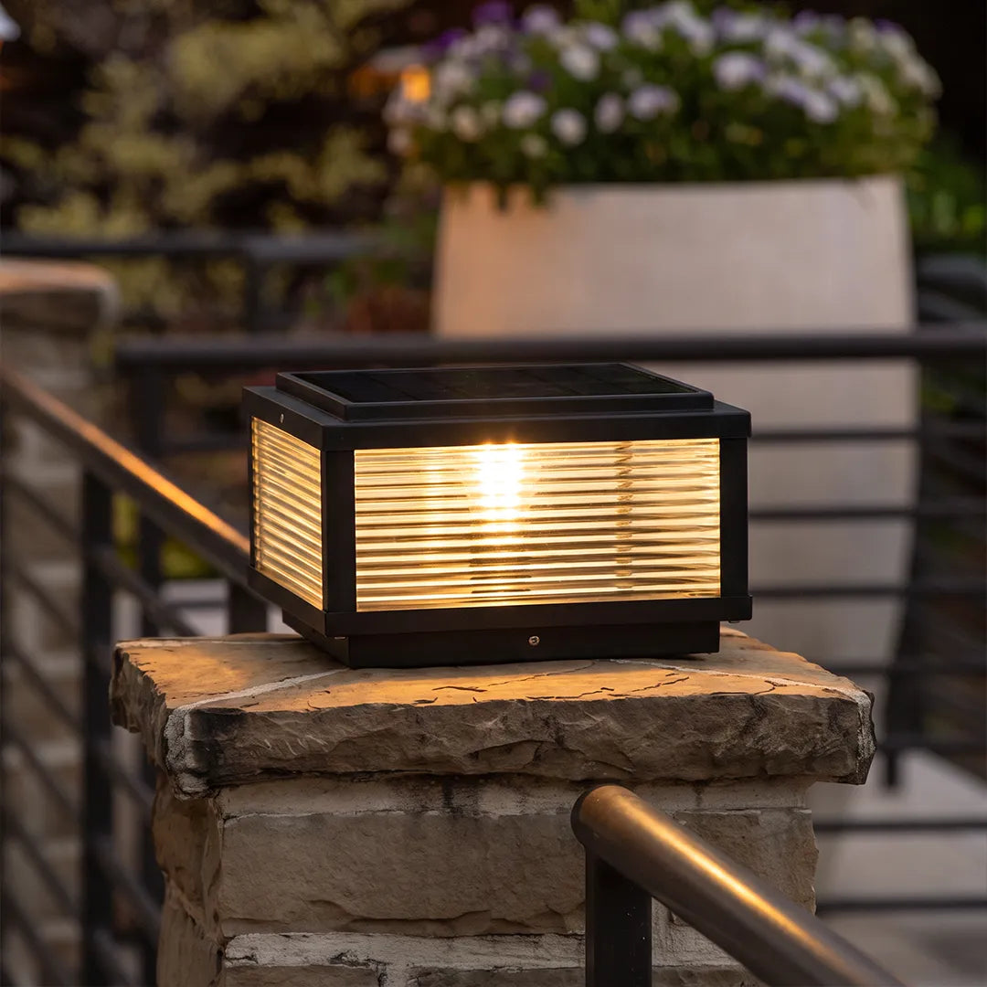Pharos Modern Solar Pillar Light | Ribbed Glass Outdoor LED Post Light, Solar or Hardwired