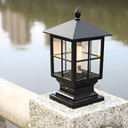 Aldwin Traditional Solar Pillar Light | Black Aluminum and Glass Outdoor Post Lantern, Solar or Hardwired