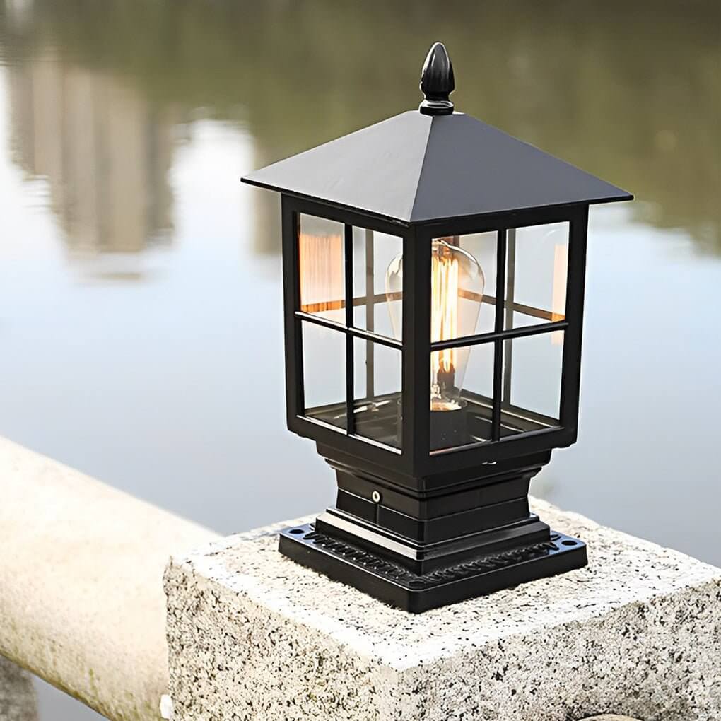 Aldwin Traditional Solar Pillar Light | Black Aluminum and Glass Outdoor Post Lantern, Solar or Hardwired
