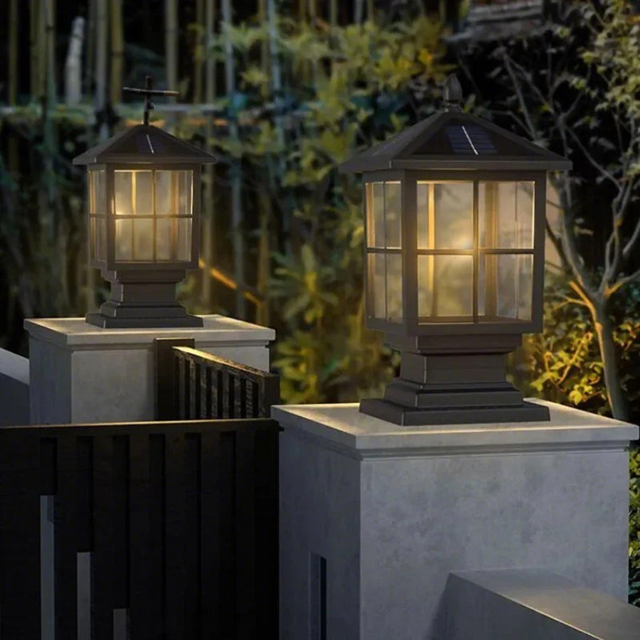Aldwin Traditional Solar Pillar Light | Black Aluminum and Glass Outdoor Post Lantern, Solar or Hardwired