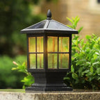 Aldwin Traditional Solar Pillar Light | Black Aluminum and Glass Outdoor Post Lantern, Solar or Hardwired