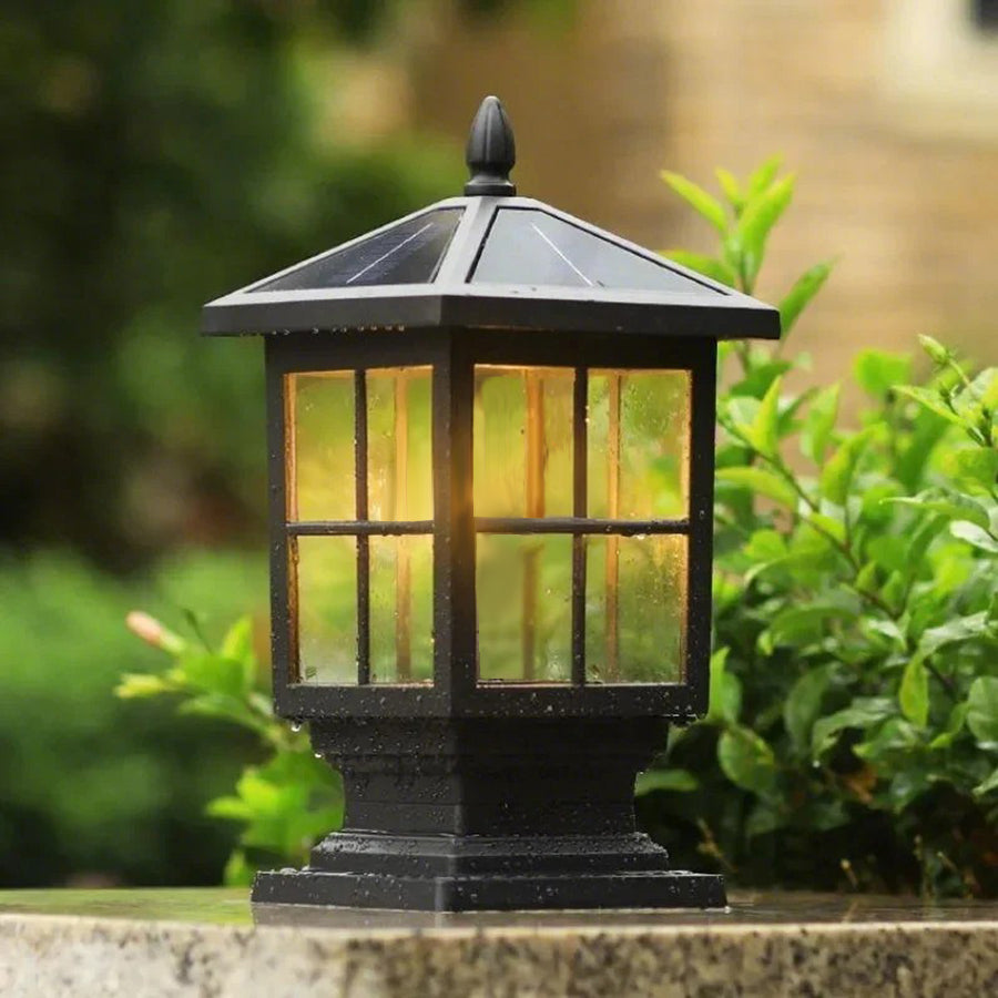 Aldwin Traditional Solar Pillar Light | Black Aluminum and Glass Outdoor Post Lantern, Solar or Hardwired