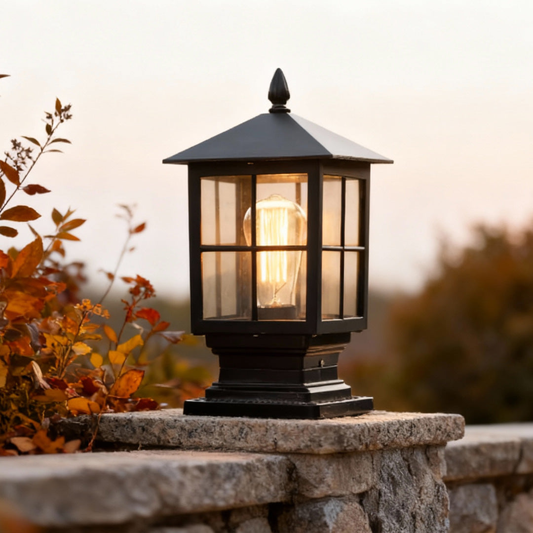 Aldwin Traditional Solar Pillar Light | Black Aluminum and Glass Outdoor Post Lantern, Solar or Hardwired