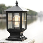 Aldwin Traditional Solar Pillar Light | Black Aluminum and Glass Outdoor Post Lantern, Solar or Hardwired