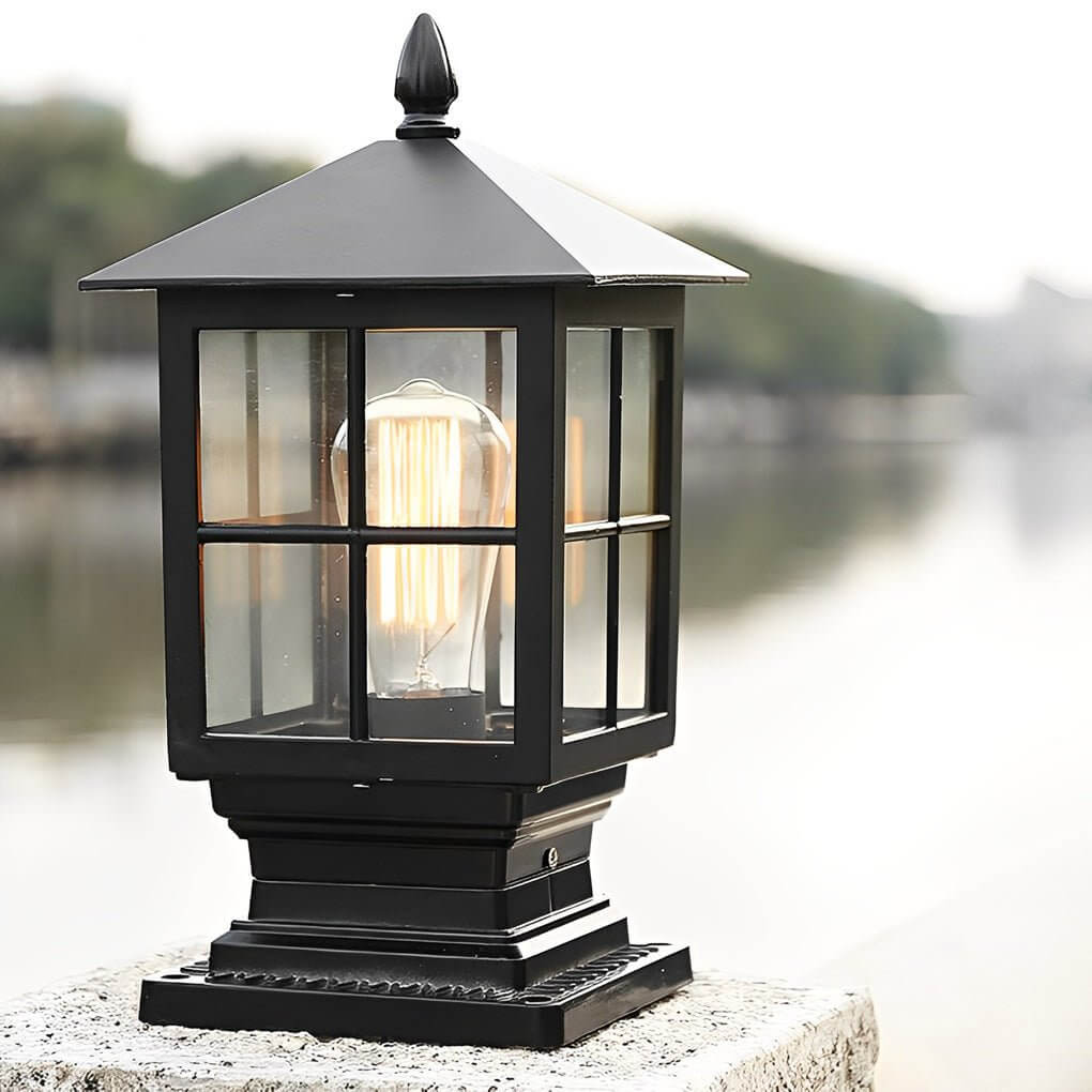 Aldwin Traditional Solar Pillar Light | Black Aluminum and Glass Outdoor Post Lantern, Solar or Hardwired