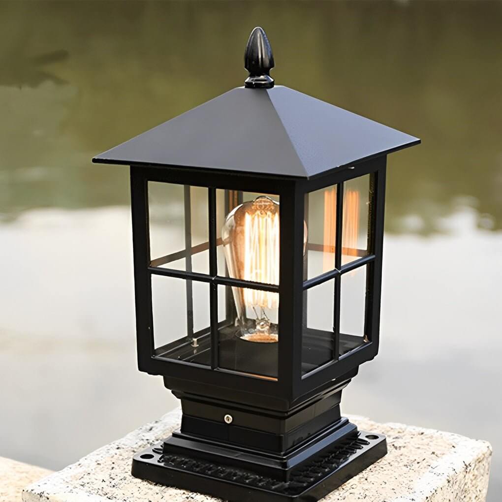 Aldwin Traditional Solar Pillar Light | Black Aluminum and Glass Outdoor Post Lantern, Solar or Hardwired