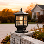 Aldwin Traditional Solar Pillar Light | Black Aluminum and Glass Outdoor Post Lantern, Solar or Hardwired