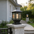 Aldwin Traditional Solar Pillar Light | Black Aluminum and Glass Outdoor Post Lantern, Solar or Hardwired