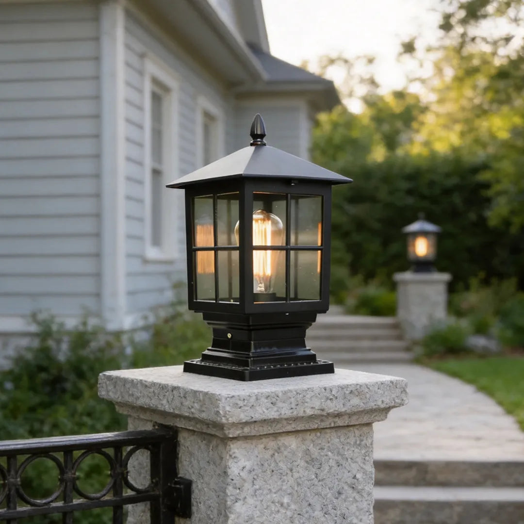 Aldwin Traditional Solar Pillar Light | Black Aluminum and Glass Outdoor Post Lantern, Solar or Hardwired