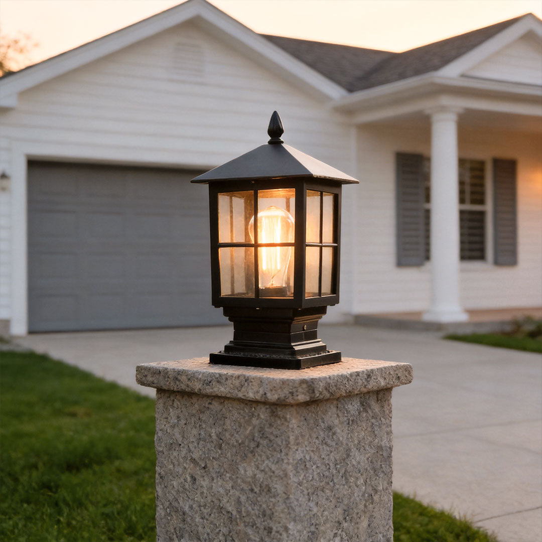 Aldwin Traditional Solar Pillar Light | Black Aluminum and Glass Outdoor Post Lantern, Solar or Hardwired