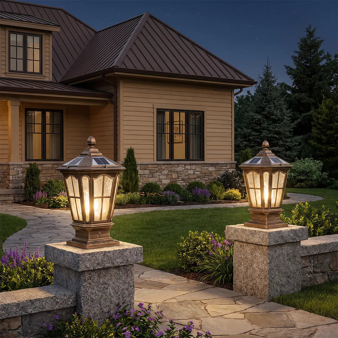 Pagoda Solar Outdoor Pillar Light | Retro Pavilion-Style Die-Cast Aluminum Fence Post Light, Black or Bronze