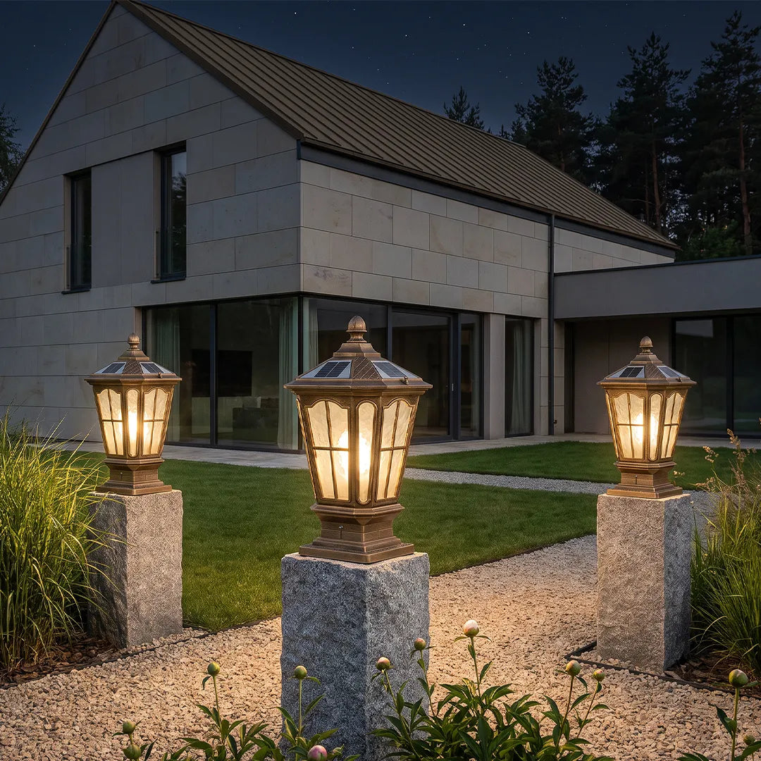 Pagoda Solar Outdoor Pillar Light | Retro Pavilion-Style Die-Cast Aluminum Fence Post Light, Black or Bronze