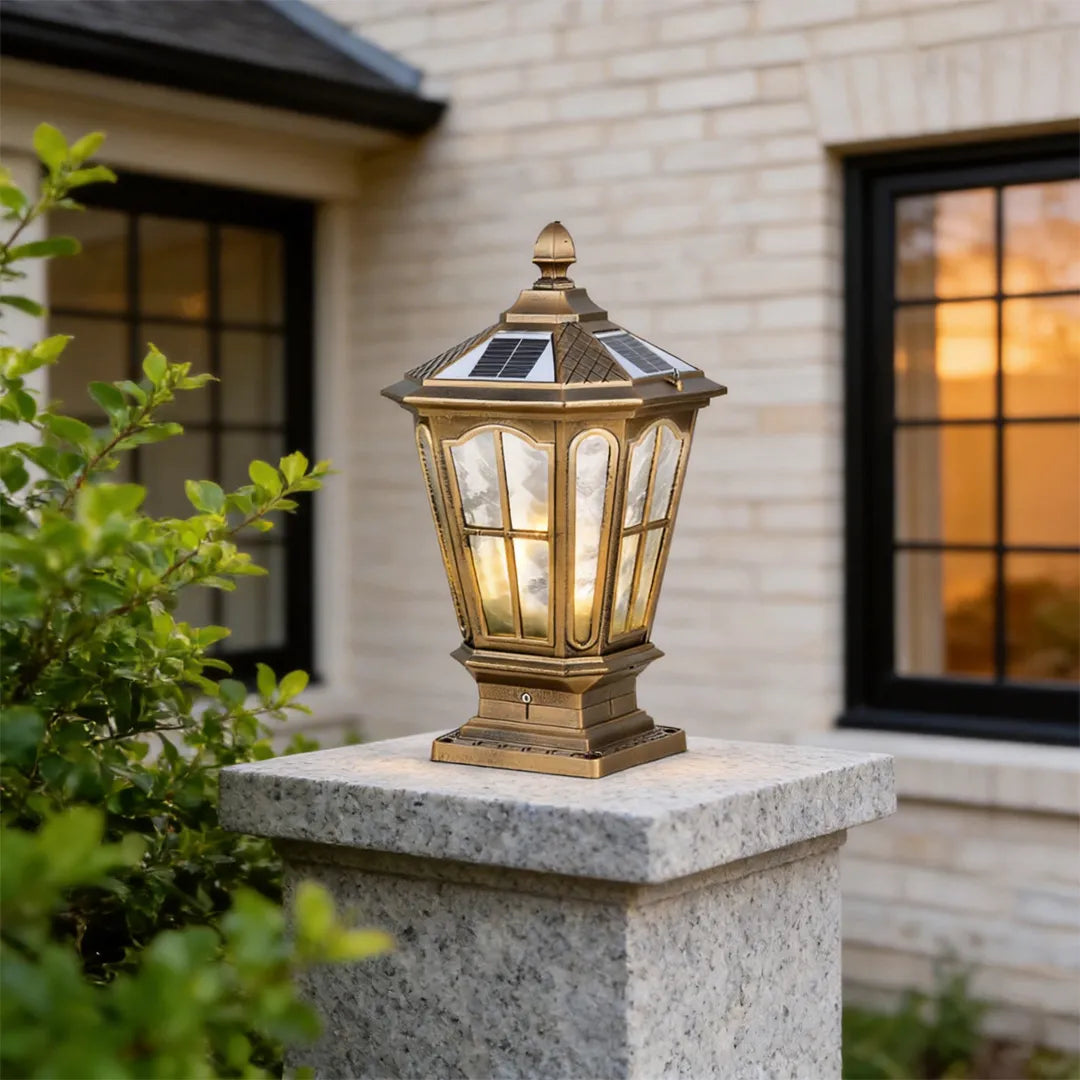 Pagoda Solar Outdoor Pillar Light | Retro Pavilion-Style Die-Cast Aluminum Fence Post Light, Black or Bronze