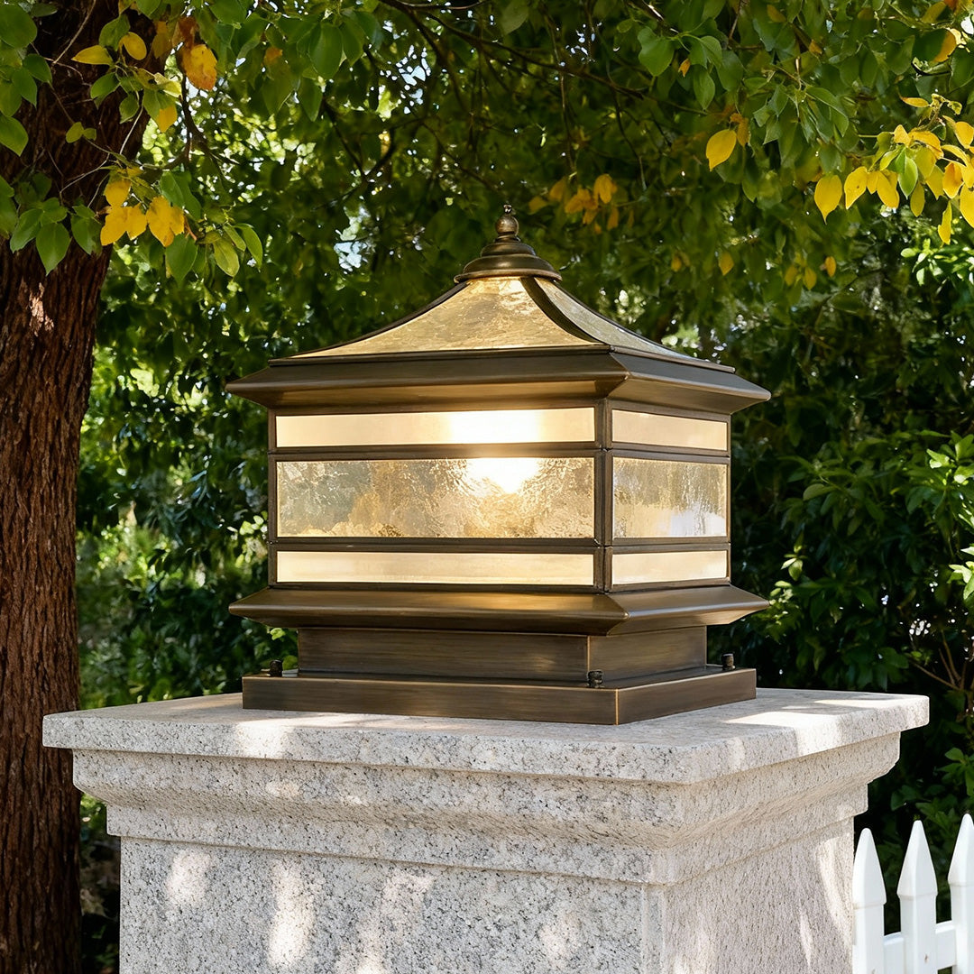 Halcyon Vintage Copper Solar Pillar Light | Retro Glass Lantern Outdoor Fence Post Light