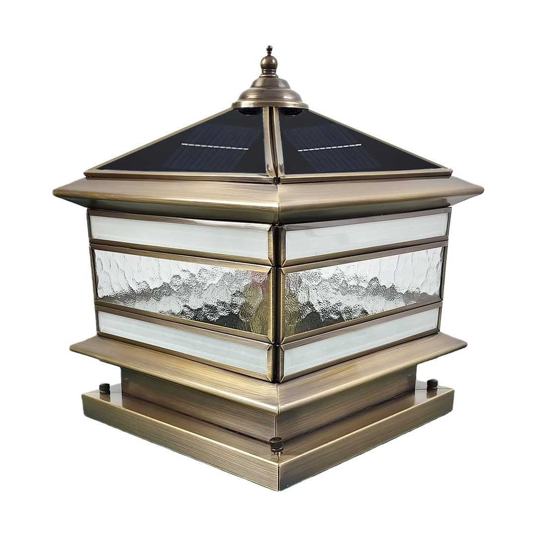 Halcyon Vintage Copper Solar Pillar Light | Retro Glass Lantern Outdoor Fence Post Light