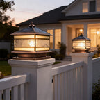 Halcyon Vintage Copper Solar Pillar Light | Retro Glass Lantern Outdoor Fence Post Light