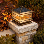 Halcyon Vintage Copper Solar Pillar Light | Retro Glass Lantern Outdoor Fence Post Light