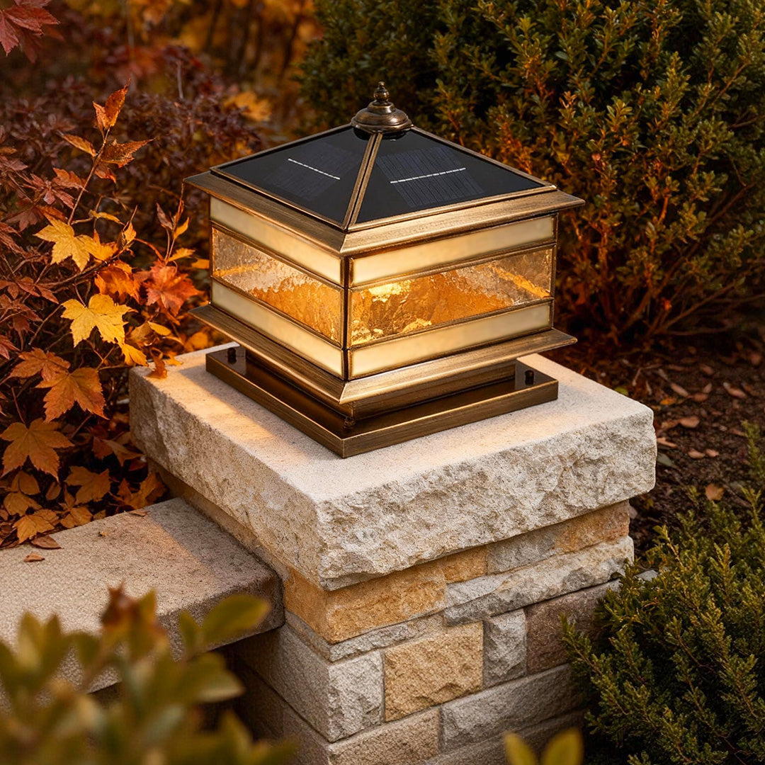 Halcyon Vintage Copper Solar Pillar Light | Retro Glass Lantern Outdoor Fence Post Light