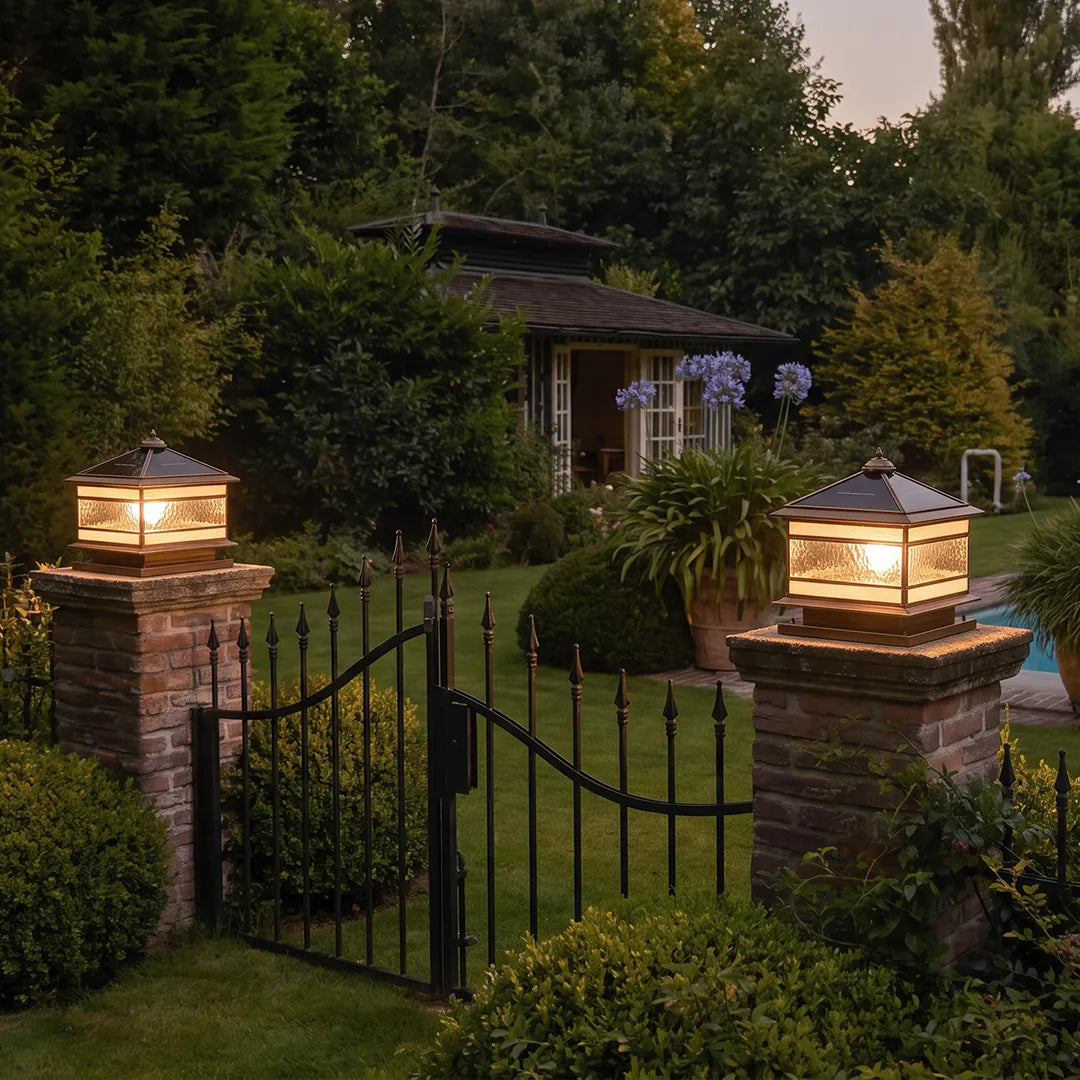 Halcyon Vintage Copper Solar Pillar Light | Retro Glass Lantern Outdoor Fence Post Light
