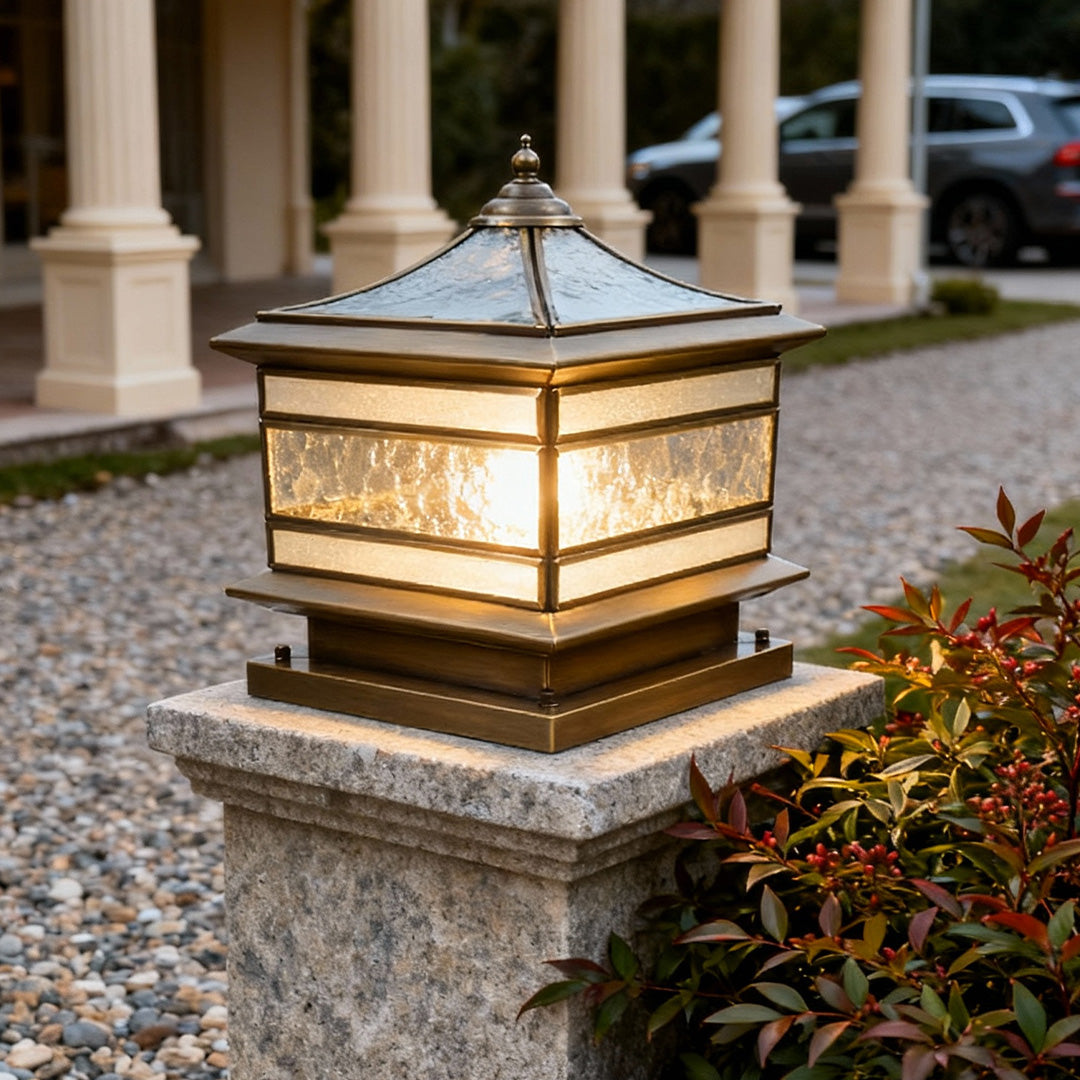Halcyon Vintage Copper Solar Pillar Light | Retro Glass Lantern Outdoor Fence Post Light