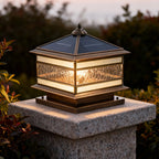 Halcyon Vintage Copper Solar Pillar Light | Retro Glass Lantern Outdoor Fence Post Light