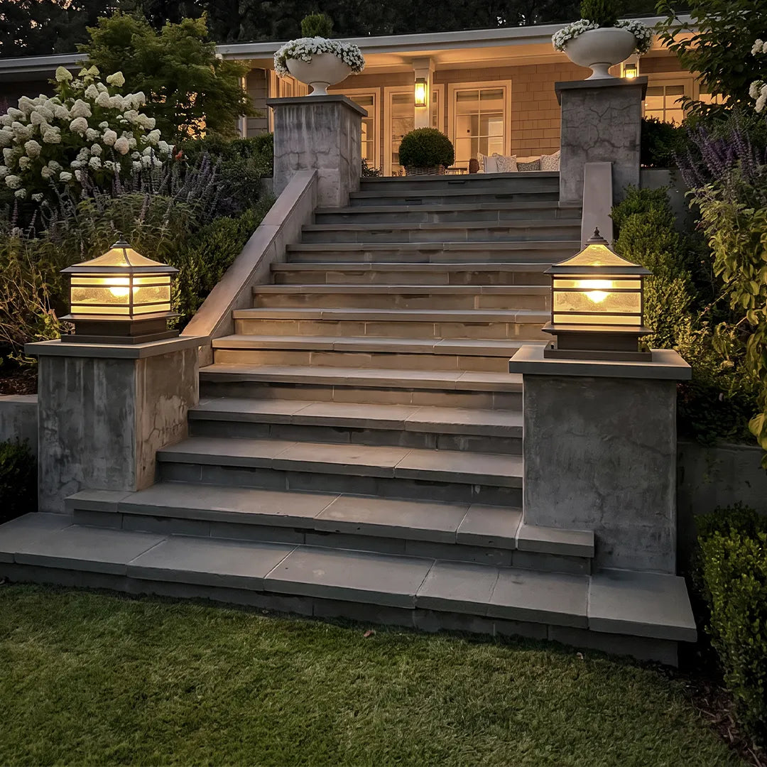 Halcyon Vintage Copper Solar Pillar Light | Retro Glass Lantern Outdoor Fence Post Light