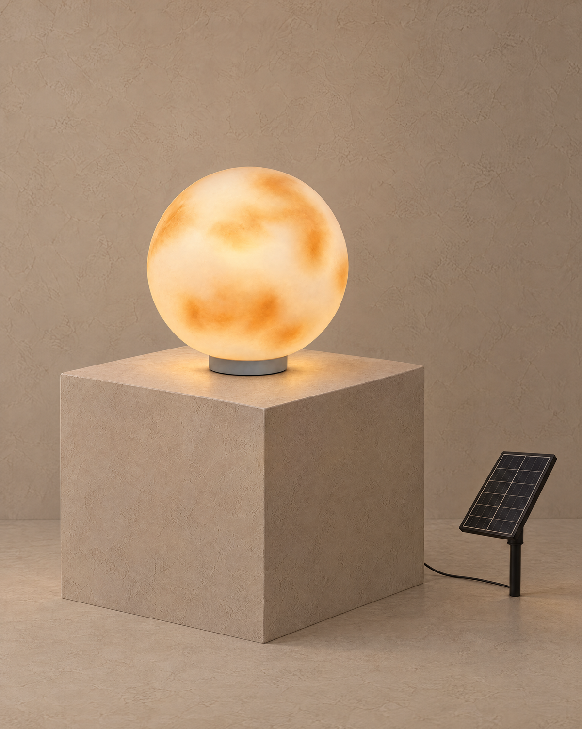 Selene modern moon pillar light, solar version with external solar panel, lit warm white