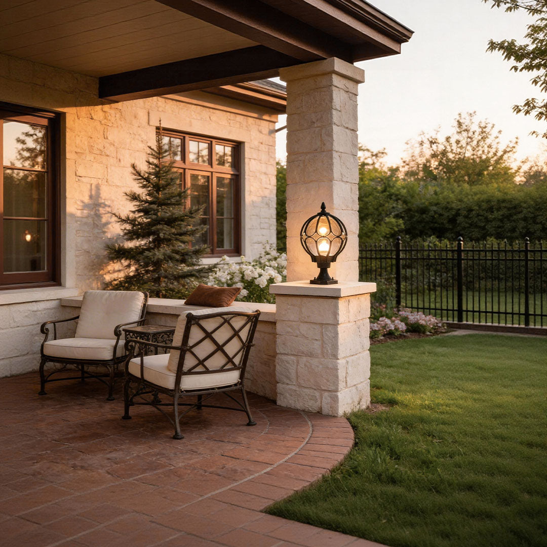 Marlowe Retro Globe Pillar Light | Outdoor Fence Post Lantern with Glass Globe, Black or Bronze