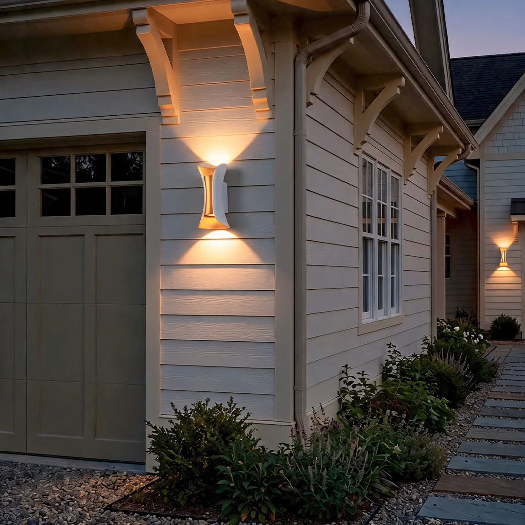 Vega Modern Up Down Outdoor Wall Light | Sculptural Curved Aluminum LED Sconce, Black or Gold Finish