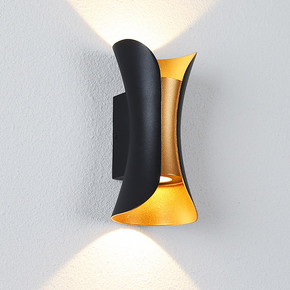 Vega Modern Up Down Outdoor Wall Light | Sculptural Curved Aluminum LED Sconce, Black or Gold Finish