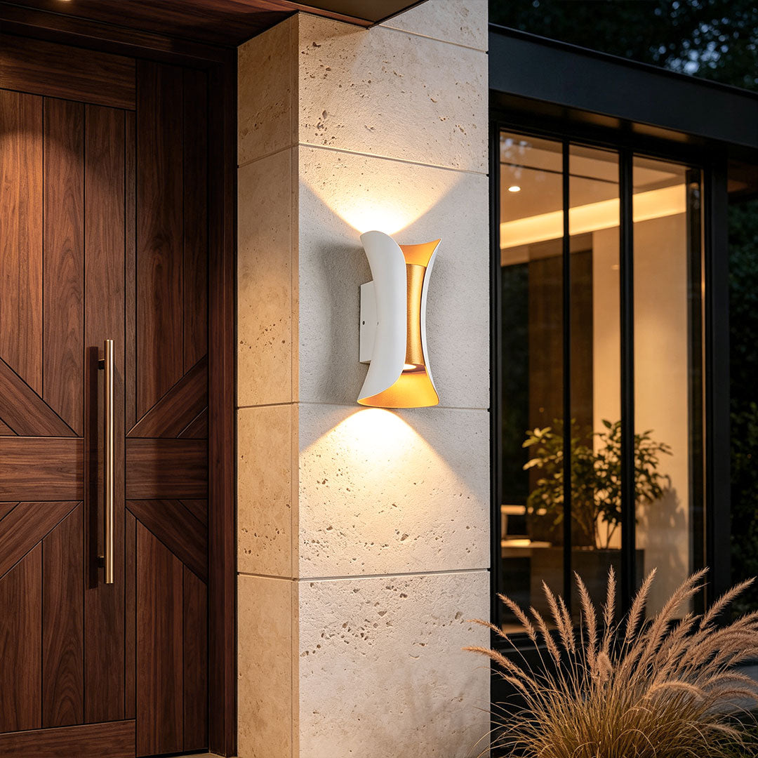 Vega Modern Up Down Outdoor Wall Light | Sculptural Curved Aluminum LED Sconce, Black or Gold Finish