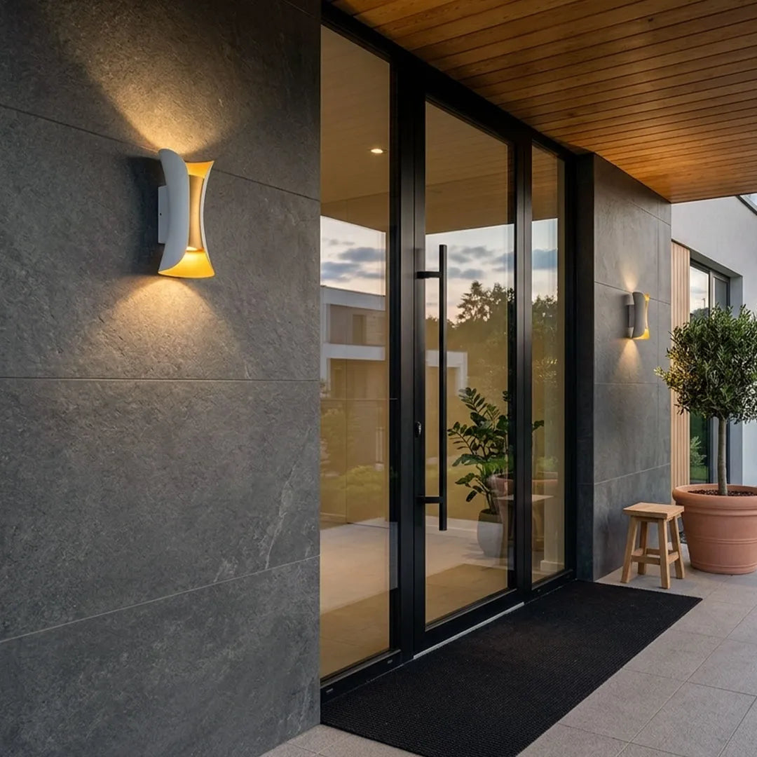 Vega Modern Up Down Outdoor Wall Light | Sculptural Curved Aluminum LED Sconce, Black or Gold Finish