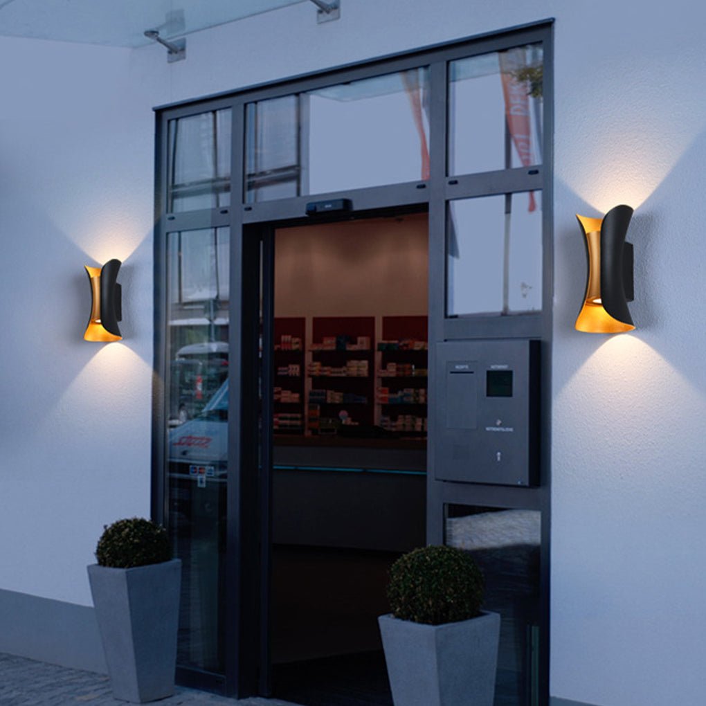 Vega Modern Up Down Outdoor Wall Light | Sculptural Curved Aluminum LED Sconce, Black or Gold Finish