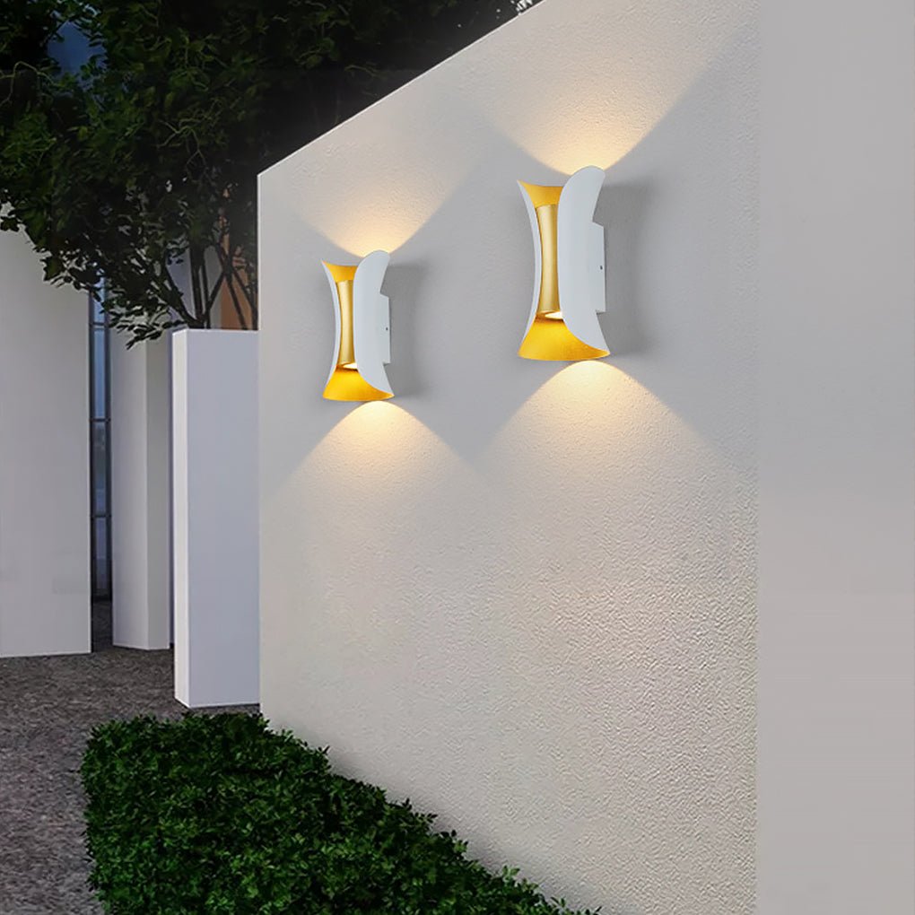 Vega Modern Up Down Outdoor Wall Light | Sculptural Curved Aluminum LED Sconce, Black or Gold Finish