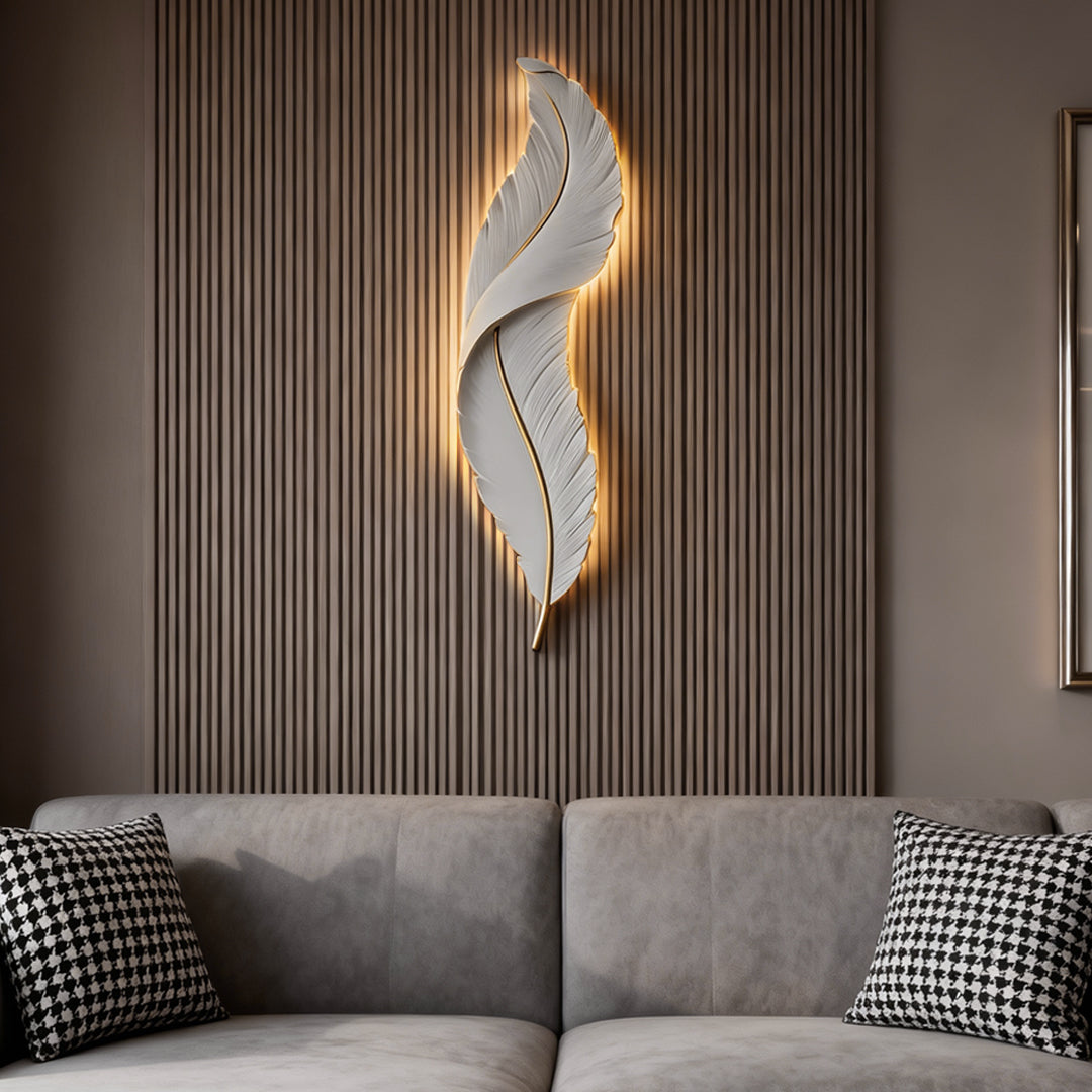 Plume Sculptural Feather Wall Light | Modern LED Wall Sconce in White, Blue or Pink Resin